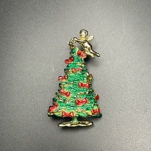 AJC signed vintage Rhinestone Star Angel Enamel Christmas Tree Pin Brooch RARE